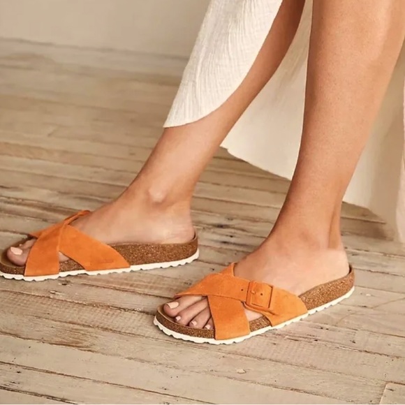 BIRKENSTOCK Siena Soft Footbed Orange Crisscross Suede Leather